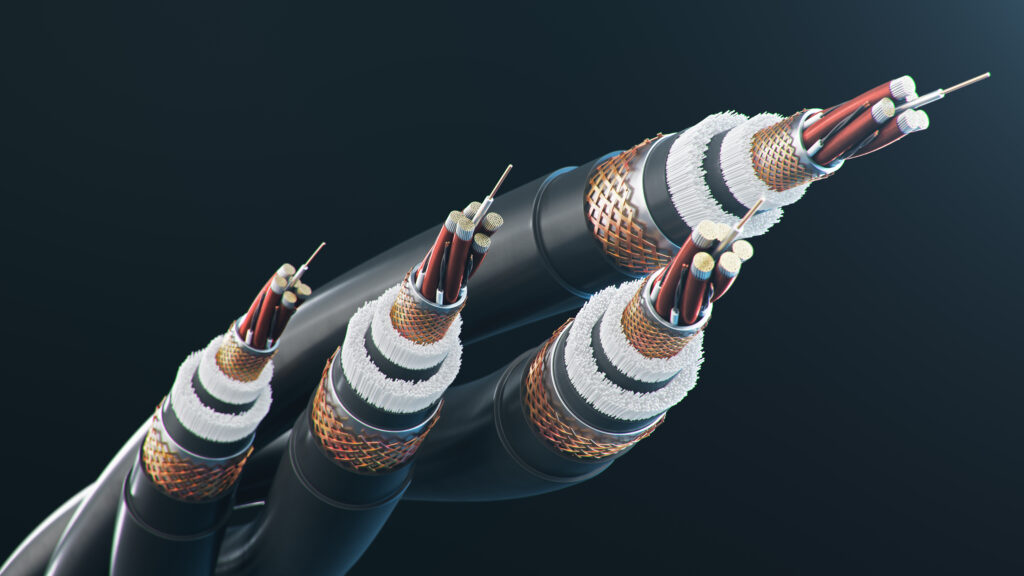 The concept of fiber optic cable on a colored background. Future cable technology. Detailed curved cable in cross section. Powerful communication technology. Network concept. 3d illustration - Asterion