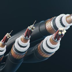 The concept of fiber optic cable on a colored background. Future cable technology. Detailed curved cable in cross section. Powerful communication technology. Network concept. 3d illustration - Asterion